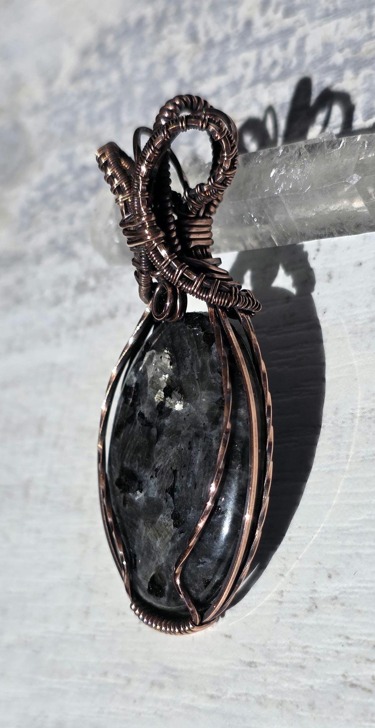 Larvikite & Onyx Copper Wrapped Pendant - Midnight Stone