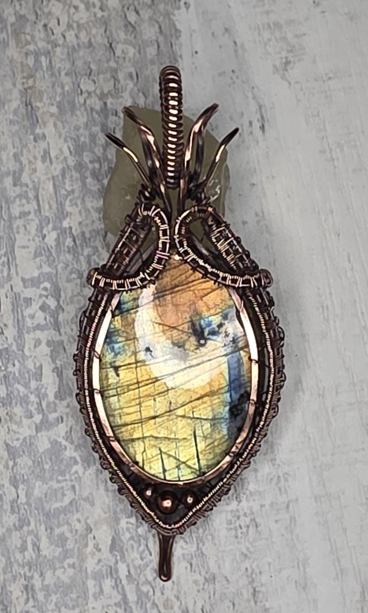 Hand Woven Copper Labradorite Pendant.