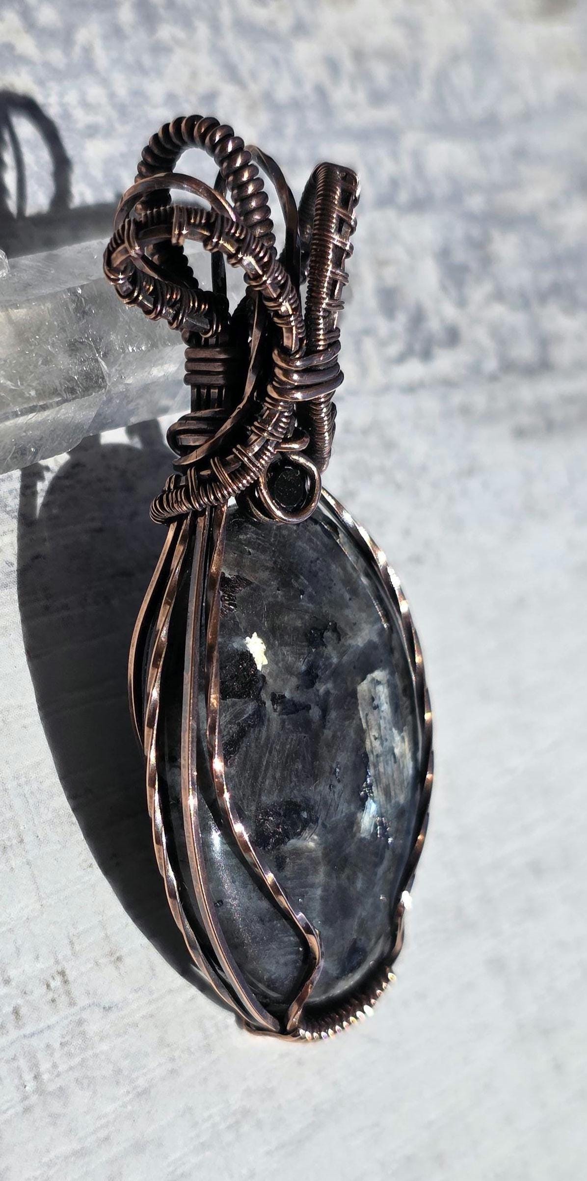 Larvikite & Onyx Copper Wrapped Pendant - Midnight Stone