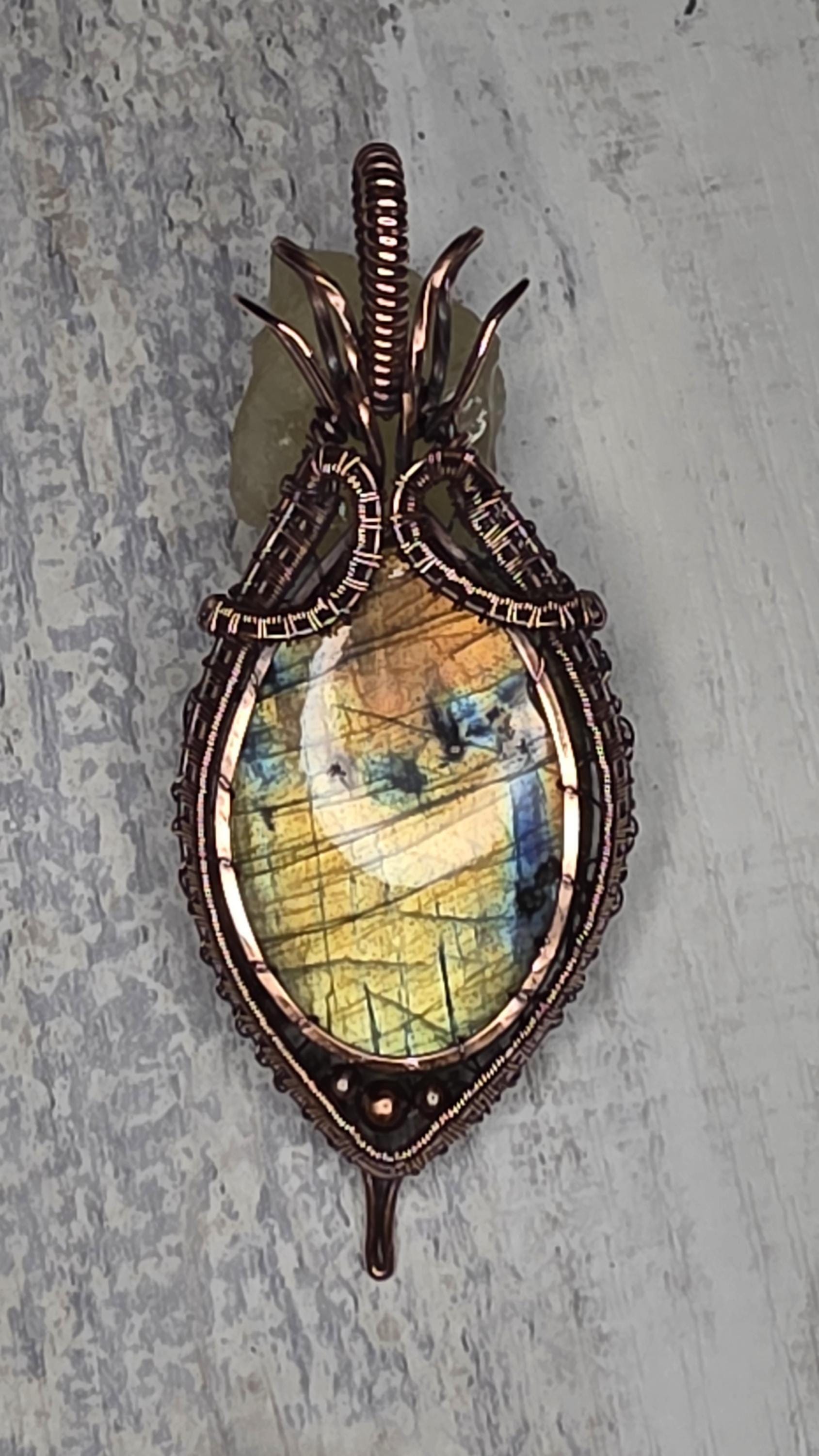 Hand Woven Copper Labradorite Pendant.