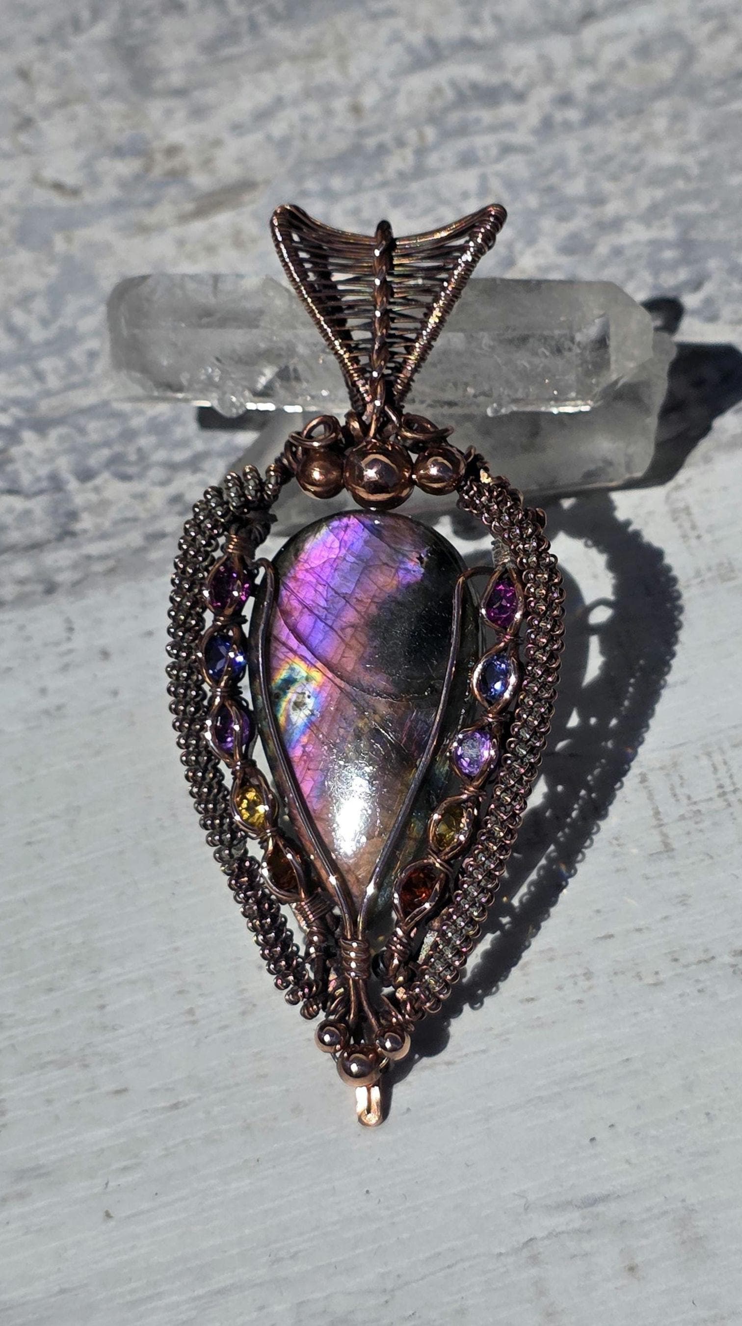 Labradorite Copper Wrapped Pendant: Raspberry Garnet, Amethyst & Citrine