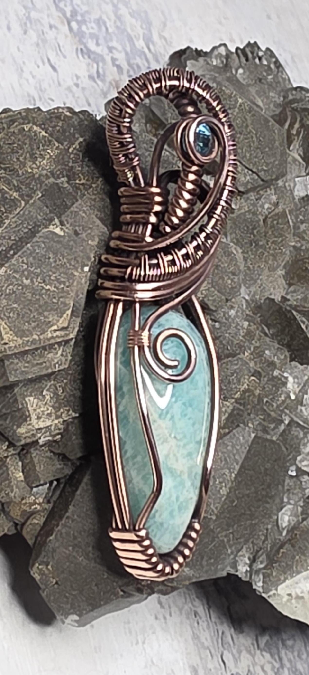 Hand Woven Copper Amazonite Pendant accented with a Blue Apatite