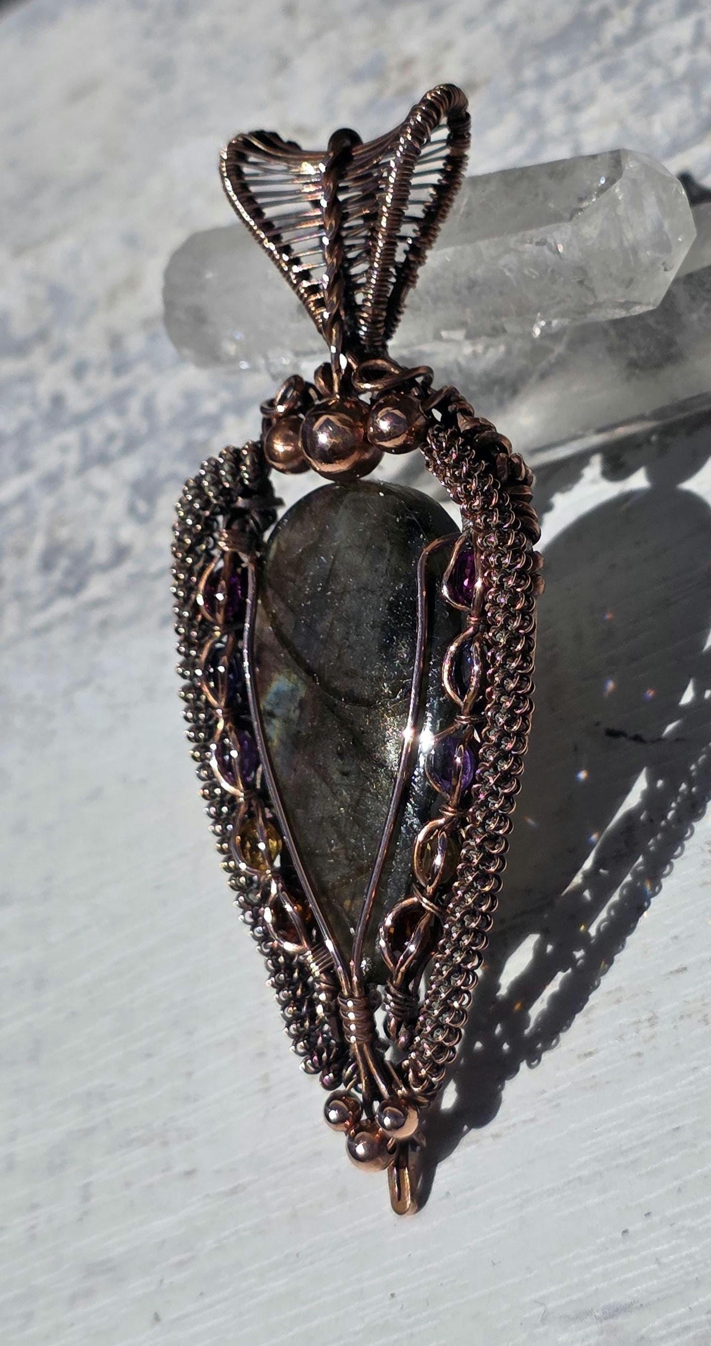 Labradorite Copper Wrapped Pendant: Raspberry Garnet, Amethyst & Citrine