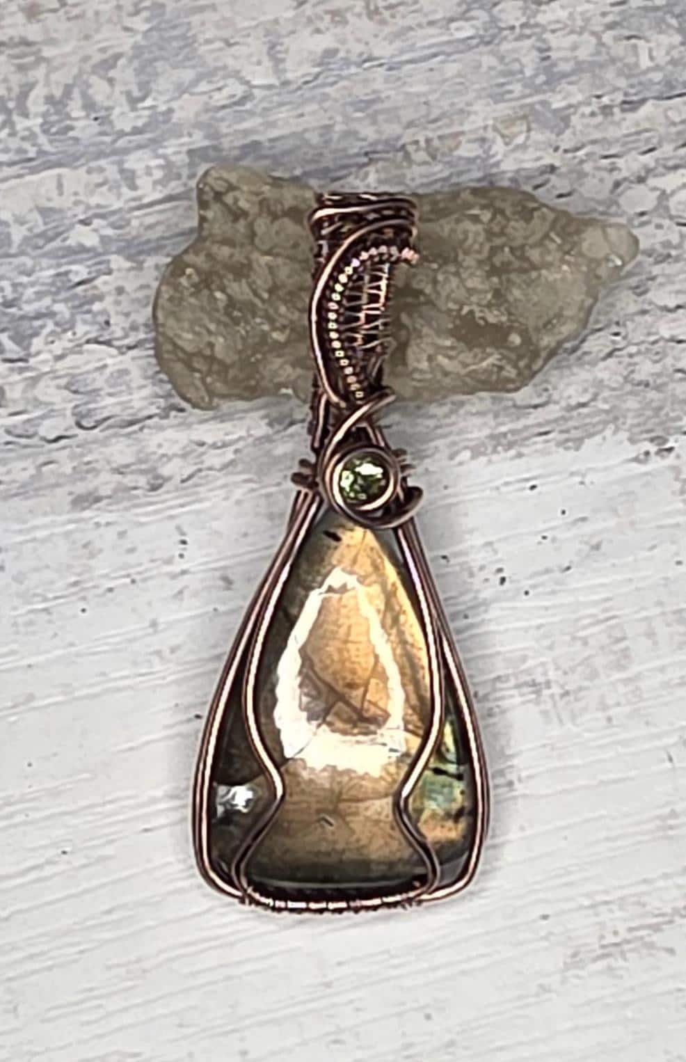 Hand Woven Copper Labradorite Pendant with Peridot