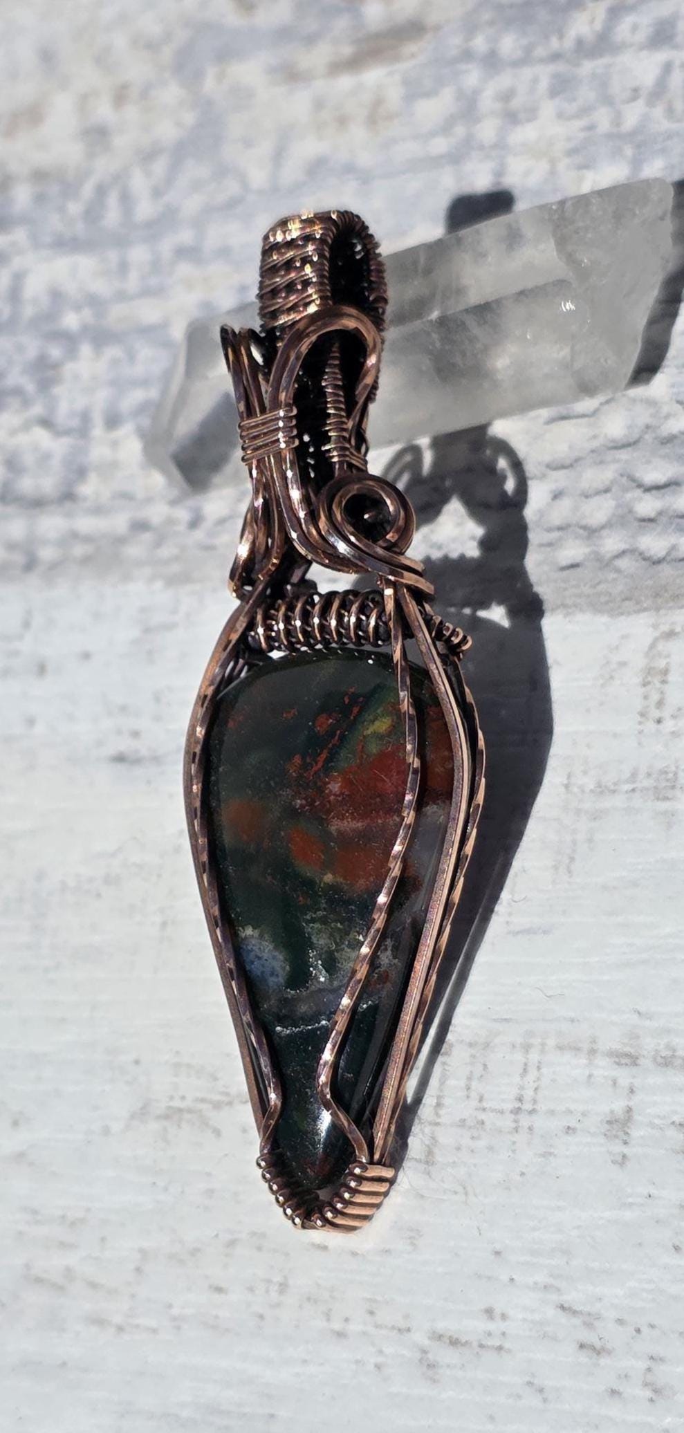 Spun Copper Wrapped Bloodstone Pendant - Hand Polished